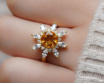 Anillo de citrino Art Déco, anillo de citrino de plata de ley, anillo de compromiso, anillo de boda, anillo de citrino vintage, piedra de nacimiento de noviembre