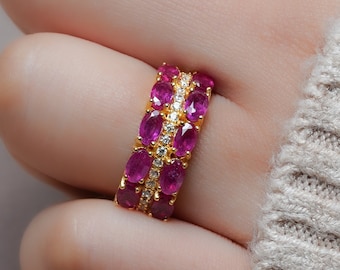 Ruby band, ring verlovingsring, ruby sterlingzilveren ring, cadeau voor haar, rode edelsteenring, trouwring