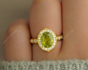 Anillo de peridoto de Hebei, anillo de peridoto Art Déco, piedra de nacimiento de agosto, anillo de compromiso de peridoto, anillo de plata con peridoto