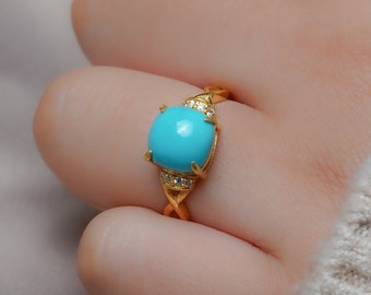 Anillo de turquesa de la Bella Durmiente, anillo de plata con turquesa, anillo de bodas de oro, anillo de turquesa azul para mujer. Anillo de talla cojín.