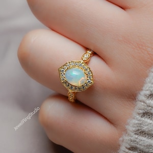 Ethiopian Opal Halo Ring | Oval Opal Engagement Ring | October Birthstone Jewelry | Vintage-Inspired Gift for Her | Ethiopian Opal Ring