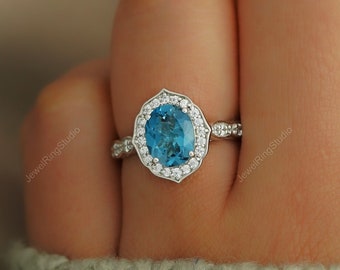 Anillo de topacio azul de Londres, anillo de topacio en plata de ley, anillo de compromiso, anillo de topacio vintage, piedra de nacimiento de noviembre, anillo de aniversario