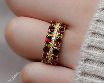 Red Garnet Band Ring / 14K Solid Gold Garnet Band Ring /Garnet Half Band Ring / Gift for Her / Band Ring / Garnet Wedding Band Ring