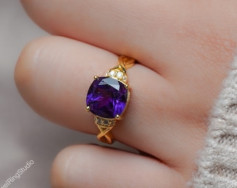 Anillo de amatista africana, anillo de amatista de plata de ley, anillo de amatista talla cojín, anillo de piedra preciosa púrpura, anillo de compromiso