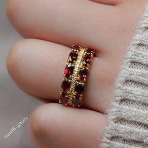 Red Garnet Band Ring / 14K Solid Gold Garnet Band Ring /Garnet Half Band Ring / Gift for Her / Band Ring / Garnet Wedding Band Ring