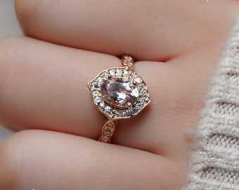 Anillo de morganita Art Déco, anillo de plata de ley con morganita, anillo de compromiso, anillo de aniversario, anillo de morganita vintage, anillo de aniversario
