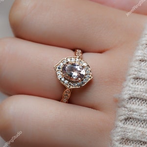 Morganite Halo Engagement Ring | Rose Gold Vintage-Inspired Oval Ring | Blush Pink Bridal Jewelry | Anniversary Gift for Her | Moganite Ring