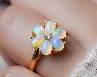 Anillo de ópalo etíope, anillo de ópalo y plata de ley, anillo de ópalo etíope para mujer, anillo de ópalo blanco, piedra de nacimiento de octubre