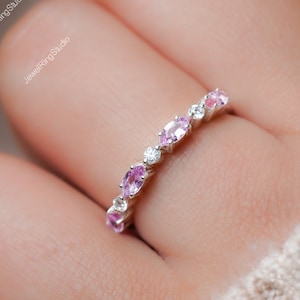 Pink Sapphire Half Band Ring | Dainty Gold Stacking Ring | Minimalist Wedding Band | Anniversary Gift for Her | Pink Sapphire Ring