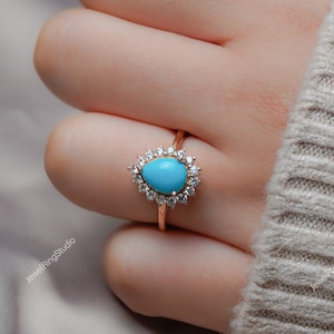 Sleeping Beauty Turquoise Halo Ring | Pear Shape Blue Gemstone Ring | December Birthstone Jewelry | Turquoise Gold Ring | Boho Gift for Her