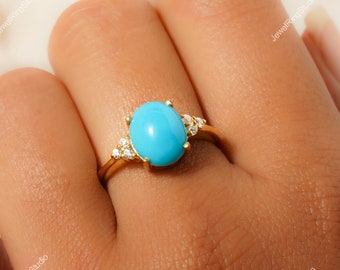 Anillo de turquesa natural de la Bella Durmiente / Anillo con piedra natal de diciembre / Anillo ovalado de turquesa para mujer / Anillo de compromiso con turquesa