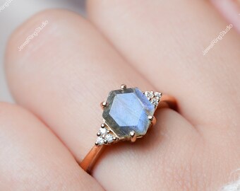 Hexagon Labradorite Ring, Labradorite Sterling silver Ring, Engagement Ring, Wedding Ring, Anniversary Ring