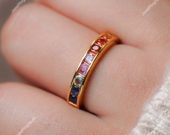 Anillo de zafiro múltiple, alianza de zafiro natural, banda de plata con zafiro, anillo de oro con zafiro múltiple, anillo de banda con zafiro