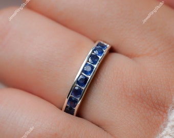 Blue Sapphire Engagement Band, Sapphire Half Band, September Birthstone, Sapphire Anniversary Band, Blue Sapphire Ring, Gift for her