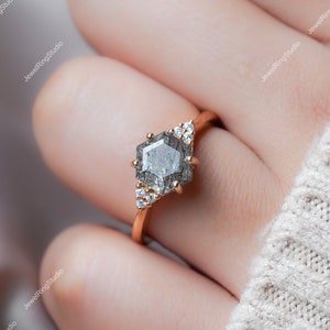 Hexagon Black Rulite Quartz Engagement Ring Black Rulite Solid Gold Ring Quartz Ring for Women Unique cluster moissanite Wedding ring