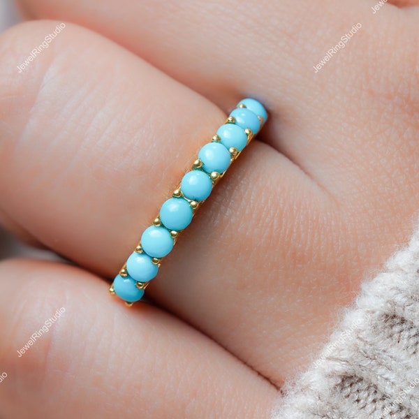 Arizona Sleeping Beauty Turquoise Band Ring/14K Gold Turquoise Band Ring/Turquoise Half Band Ring/Gift for Her/Turquoise Wedding Band Ring