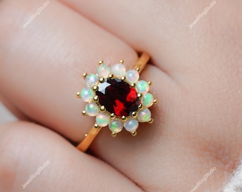 Anillos de granate rojo, anillo de compromiso de ópalo para mujer, joyería, regalo de aniversario, anillo de oro granate para mujer, anillos con piedra natal de enero