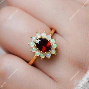 Red Garnet Ring Natural Garnet Ring Gift for Her Garnet Gold Ring with Opal Engagement Ring for Her January Birthstone Ring Halo Garnet Ring