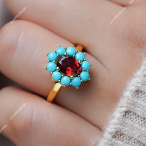 Red Garnet Rings, Turquoise Engagement Rings For Women Jewelry, January Birthstone Ring Garnet Halo Women Ring, Wedding Gift OF Ring