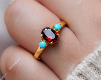 Red Garnet Ring, Garnet Engagement ring, Garnet Gold Ring, January Birthstone, Garnet Women Ring, Garnet with Turquoise Ring