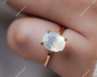 Rainbow Moonstone Ring, Moonstone Sterling Silver Ring, Oval cut Moonstone Engagement Ring, Solitaire Ring, Anniversary Ring