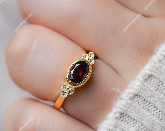 Anillo de granate rojo, anillo de granate en plata de ley, piedra de nacimiento de enero, anillo de compromiso, anillo de piedra preciosa roja, anillo de granate para mujer