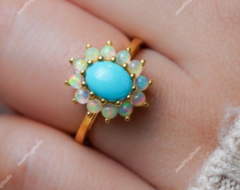 Anillo de turquesa de La Bella Durmiente, anillo de turquesa de plata de ley, anillo de turquesa azul, anillo de compromiso, turquesa con ópalos, anillo de aniversario