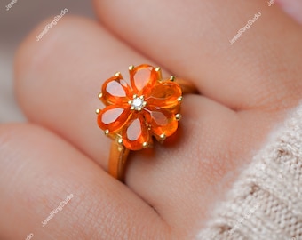 Anillo de ópalo de fuego mexicano, anillo de ópalo en plata, anillo de flor de ópalo, anillo de compromiso de ópalo, anillo de ópalo en plata esterlina