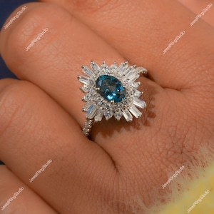 London Blue Topaz Ring | Oval Topaz Halo Ring with Baguette | December Birthstone Engagement Ring | Vintage topaz Ring | Oval cut topaz Ring