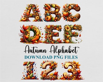 May include: Autumn alphabet letters A, B, C, D, E, F, and numbers 1, 2, 3, decorated with fall leaves, pumpkins, acorns, and other autumnal elements. Download PNG files.