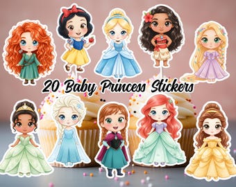 Paquete de pegatinas de princesas para niñas pequeñas, plantilla PNG con acuarela, diseño de Chibi adorable, adorno para tarta de cumpleaños, archivo digital para descargar