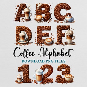 Café Letras Alfabeto Números Cliparts Pacote Sublimação PNG Design Baixar Arquivo Digital Uso Comercial Imprimível