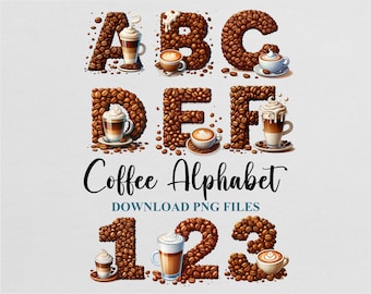 Paquete de imágenes prediseñadas de letras del alfabeto y números de café Diseño PNG de sublimación Descargar archivo digital Uso comercial Imprimible