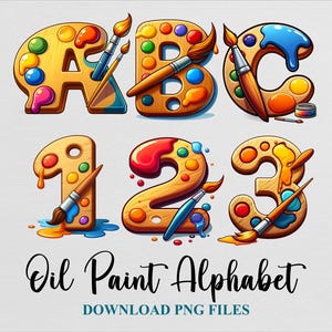 May include: A set of colorful alphabet letters and numbers made to look like paint palettes. The letters A, B, C, and the numbers 1, 2, and 3 are each painted on a wooden palette with paintbrushes and paint splatters around them. The text "Oil Paint Alphabet" and "DOWNLOAD PNG FILES" is below the letters and numbers.