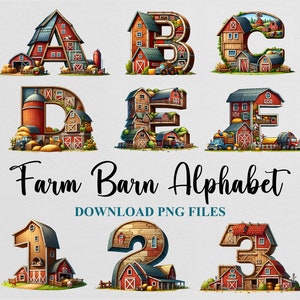 Può includere: Un alfabeto colorato fatto di fienili. Ogni lettera è un fienile con finestre, porte e altri dettagli della fattoria. Le lettere sono A, B, C, D, E, 1, 2 e 3. Il testo "Farm Barn Alphabet" e "Download PNG Files" è sotto le lettere.
