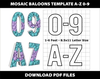 Mosaic Baloons Template PDF 1ft 2ft 3ft 4ft 5ft 6ft Alphabet Letters 1 2 3 4 5 6 7 8 9 Numbers Download Digital File Commercial use