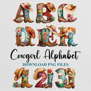 Lettres de l'alphabet western cow-girl cliparts aquarelle sublimation PNG conception téléchargement fichier numérique utilisation commerciale imprimable