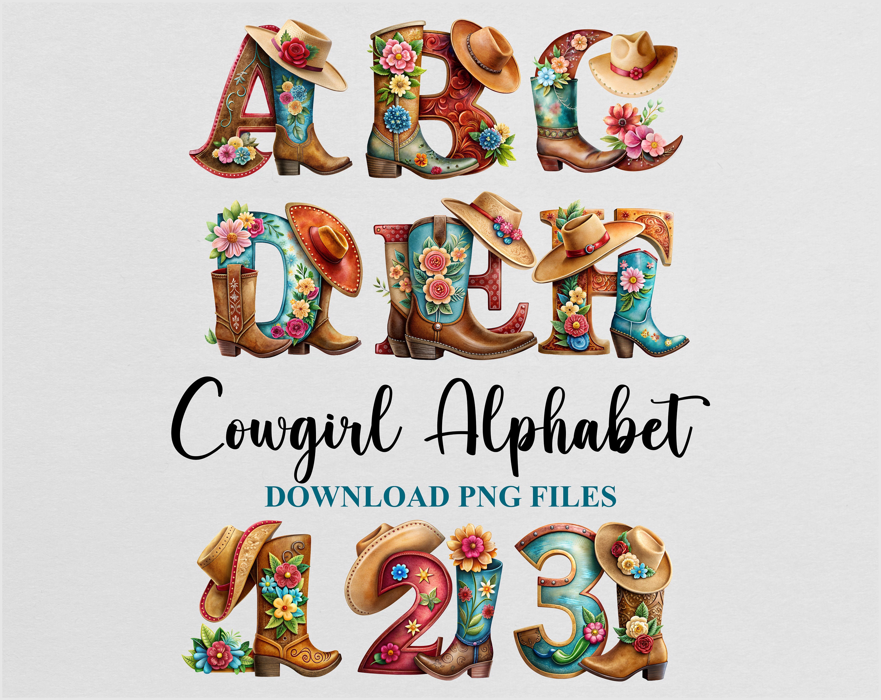 Cowgirl Western Letters Alphabet Cliparts Watercolor Sublimation PNG Design Download Digital File Commercial use Printable