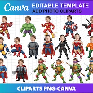 May include: A collection of superhero and comic book character clip art images. The images feature children dressed as characters such as Iron Man, Hulk, Captain America, and the Teenage Mutant Ninja Turtles. The Canva and clip art text is visible.
