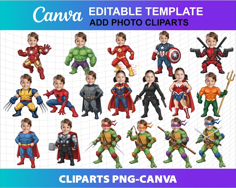 May include: A collection of superhero and comic book character clip art images. The images feature children dressed as characters such as Iron Man, Hulk, Captain America, and the Teenage Mutant Ninja Turtles. The Canva and clip art text is visible.