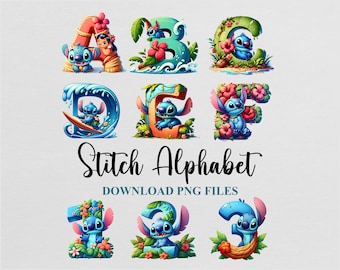 Stitch Alphabet Letters Watercolor Cliparts DTF Sublimation PNG Doodle Design Download Instant Digital File Commercial use Printable