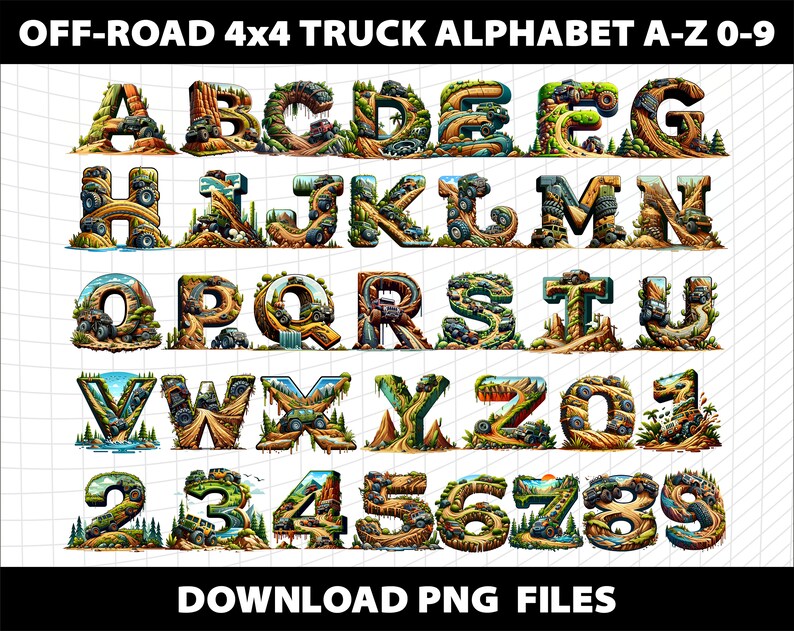 Off-road 4x4 Truck Landscape Mountain Alphabet Letters Watercolor ...