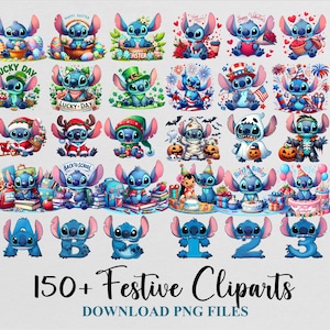 Stitch Cliparts Birthday Valentines Day Easter Egg  Lucky Christmas Halloween PNG Bundle Template Sublimation Design Download Digital File