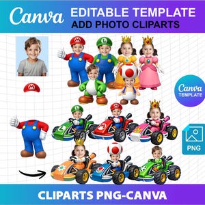 Mario Cliparts Customized Add Your Face Own Photo PNG - Canva Editable DIY Birthday Party Cup Cake Topper Template Download Digital File