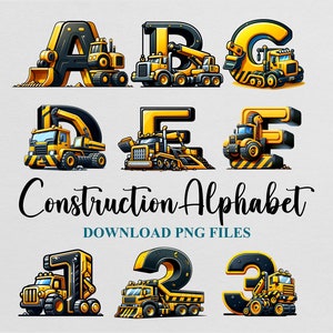 Paquete de imágenes prediseñadas de camiones de construcción, letras del alfabeto y números, sublimación, diseño PNG, guardería, descarga de archivo digital, uso comercial, imprimible.