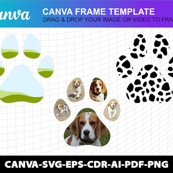 Paw Photo Collage Canva Frame Template Svg - Cdr - Ai - Canva Design Photo Fill Editable Download Digital File