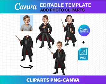 Magic School Wizard Clipart Customized Add Your Face Photo PNG Canva Editable DIY Birthday Party Cake Topper Template Download Digital File