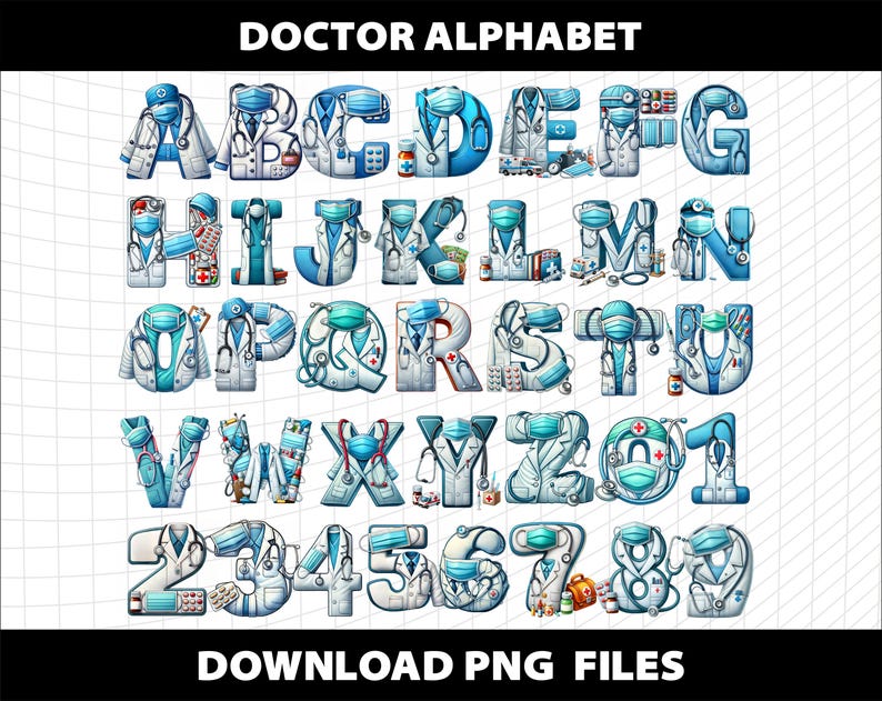 May include: A colorful alphabet with each letter designed as a doctor wearing a blue medical mask and a white lab coat. The letters are decorated with medical symbols and supplies, such as stethoscopes, bandages, and pills. The letters are arranged in alphabetical order, followed by the numbers 1 through 8.