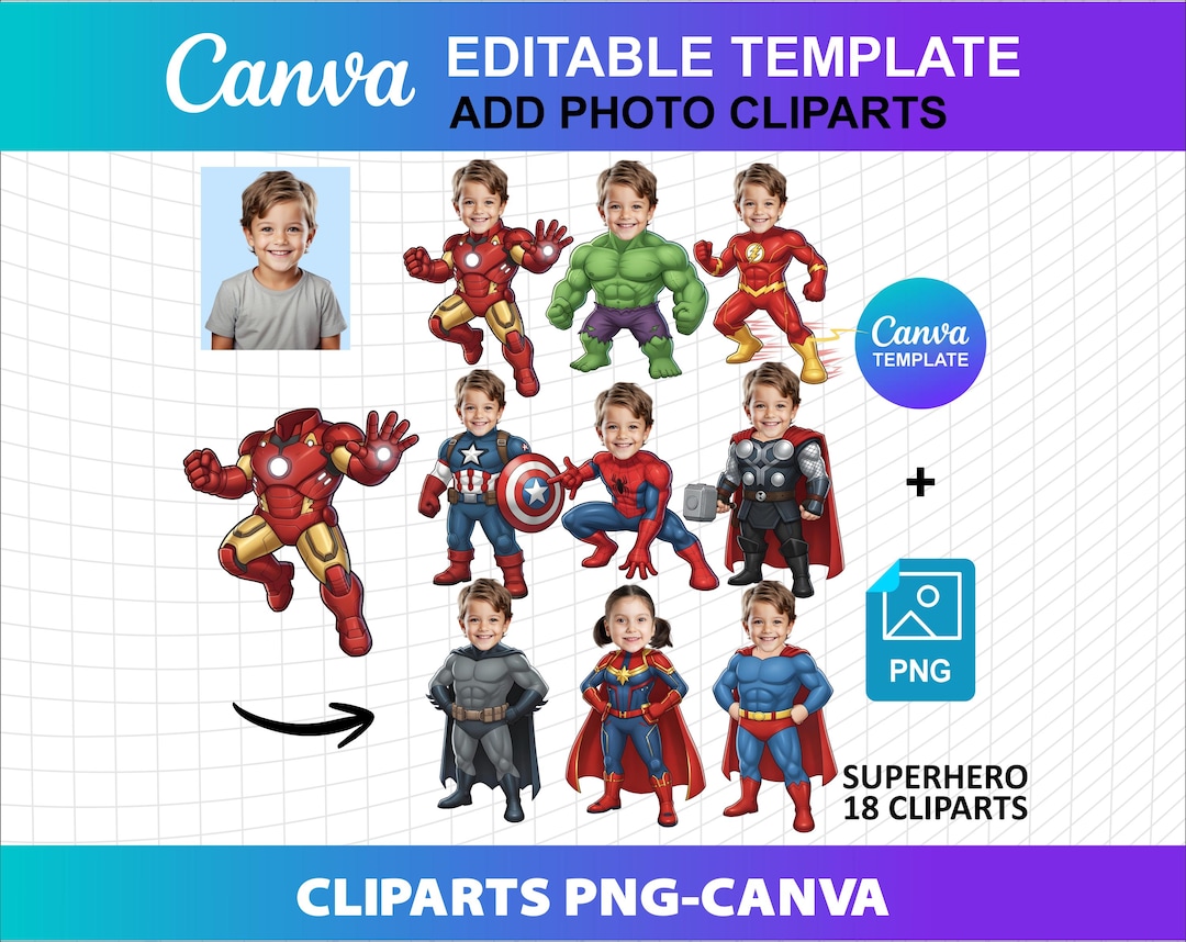 Superhero Clipart Customized Add Your Face Photo Boy Girl Kids PNG Canva DIY Birthday Part