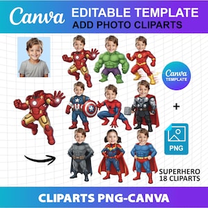 Superhero Clipart Customized Add Your Face Photo Boy Girl Kids PNG Canva DIY Birthday Party Cupcake Topper Template Download Digital File